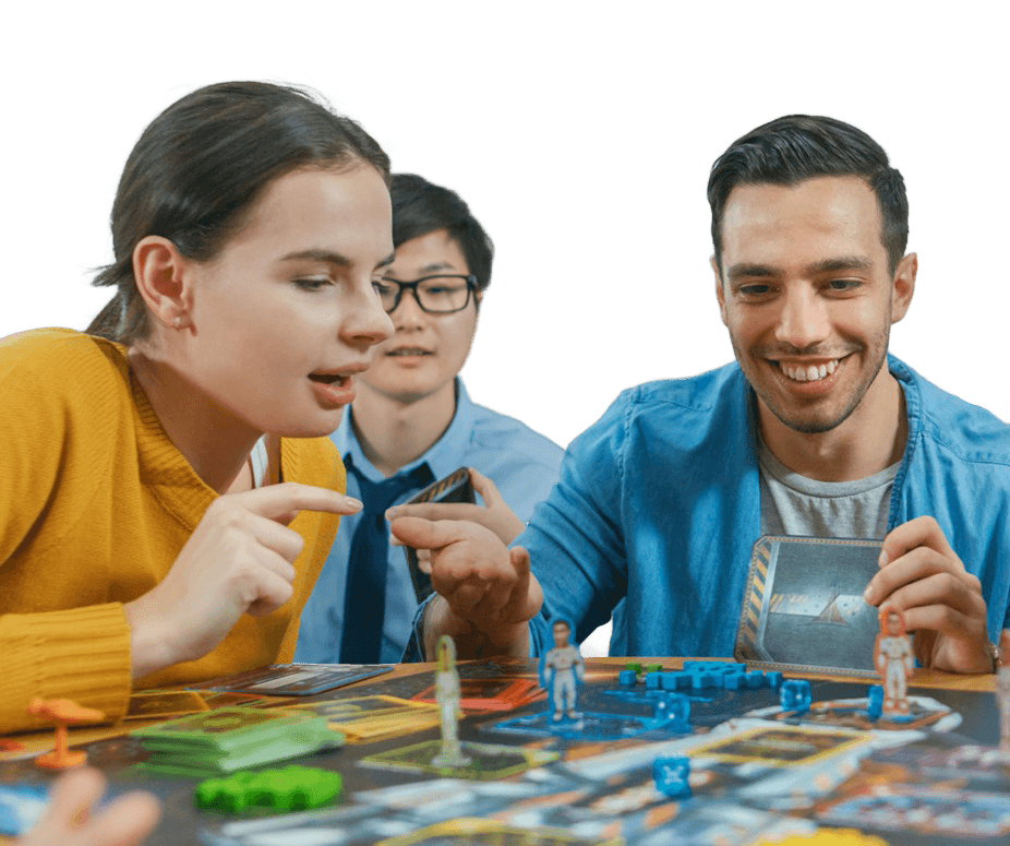 Three friends enjoying a board game together.